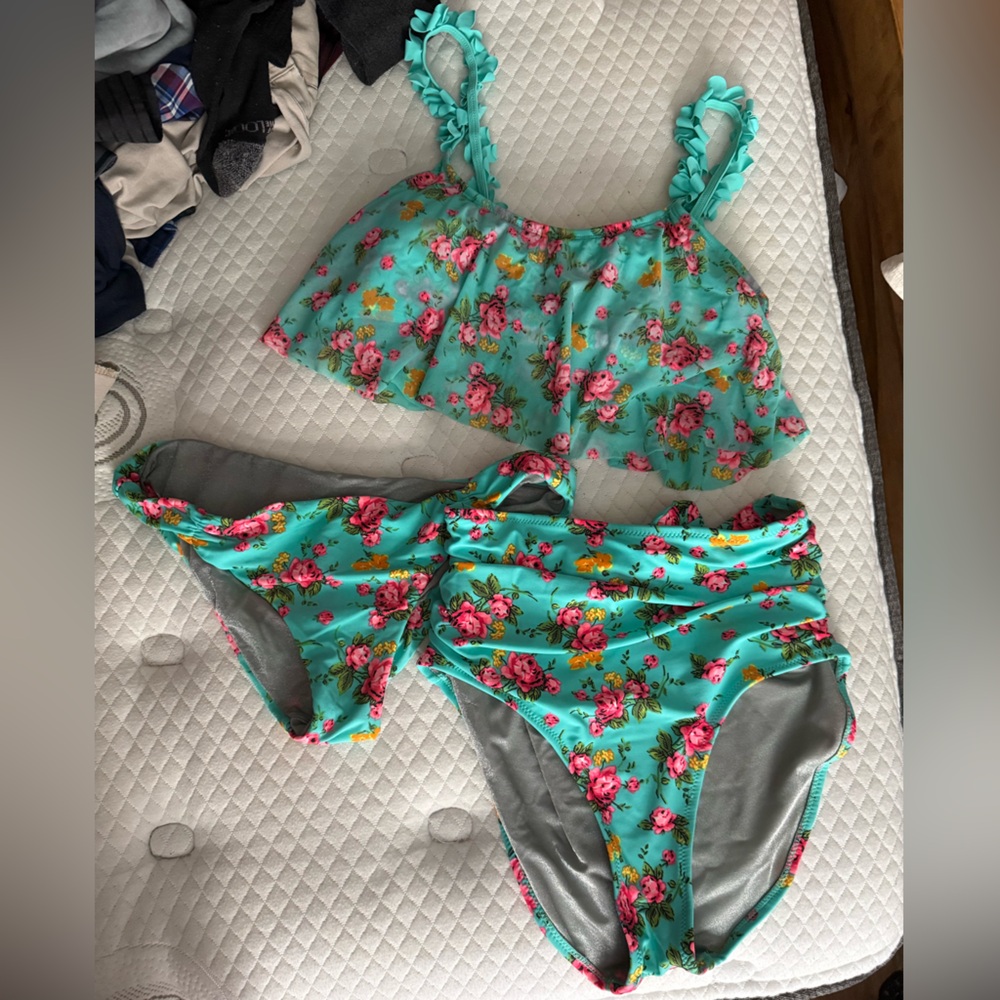 Betsey Johnson Blue and Pink Ruffled Bikini Set